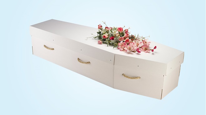 cardboard coffin on choice blue background